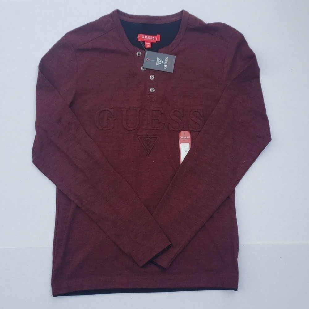 GUESS Reese Logo Marled Henley Long Sleeve Shirt - Picture 5 of 6